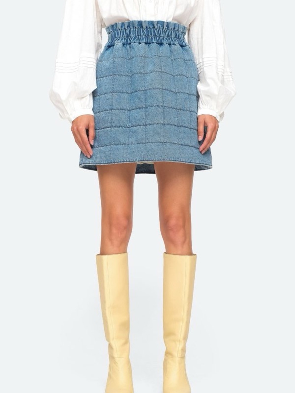 Sea New York Light Blue Quilted Denim Mini Skirt with Elastic Ruffled Waist